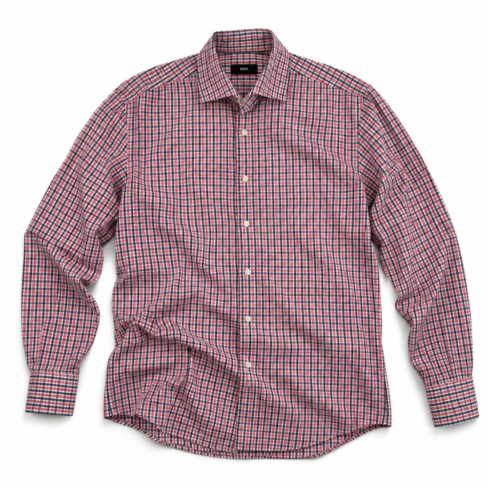 Hugo Boss Slim Fit Dress Shirt Pink Blue Check Cotton Men's 40 15.75